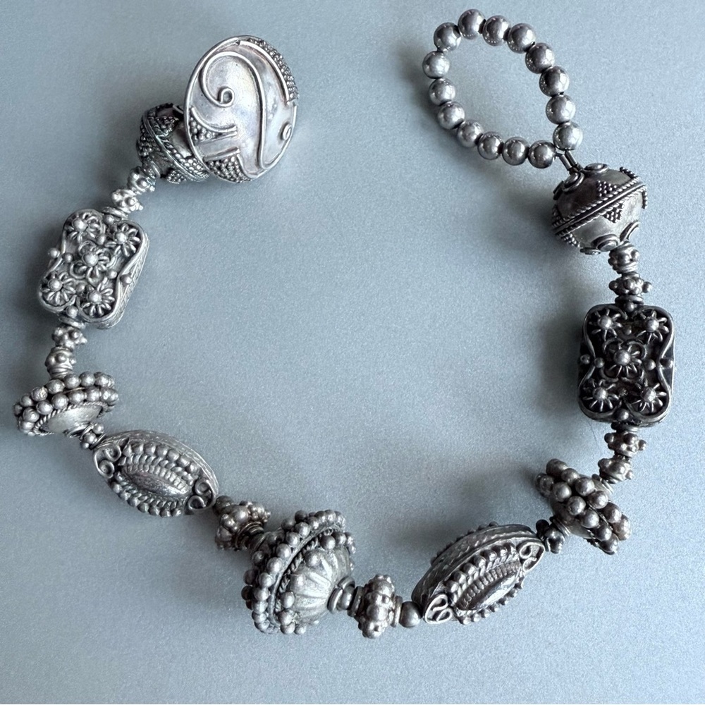 Vintage Ornate Filigree Beaded Sterling Silver Bali Bracelet - Picture 2 of 7